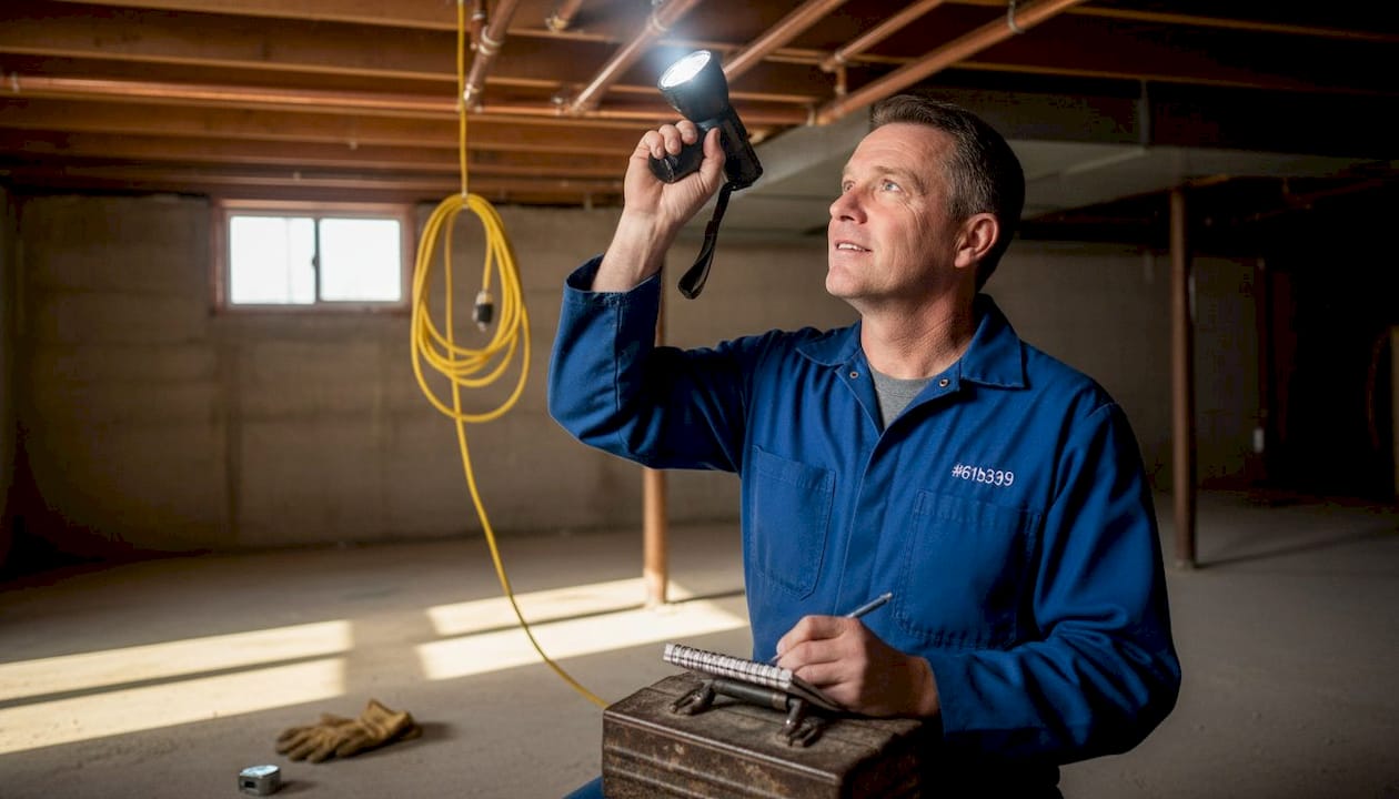 Plumber inspects pipe joints in basement