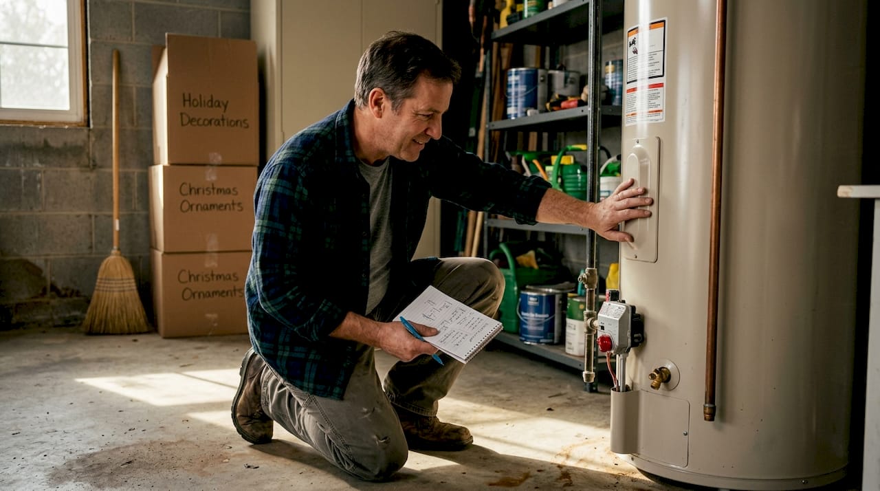 Homeowner inspecting water heater in garage