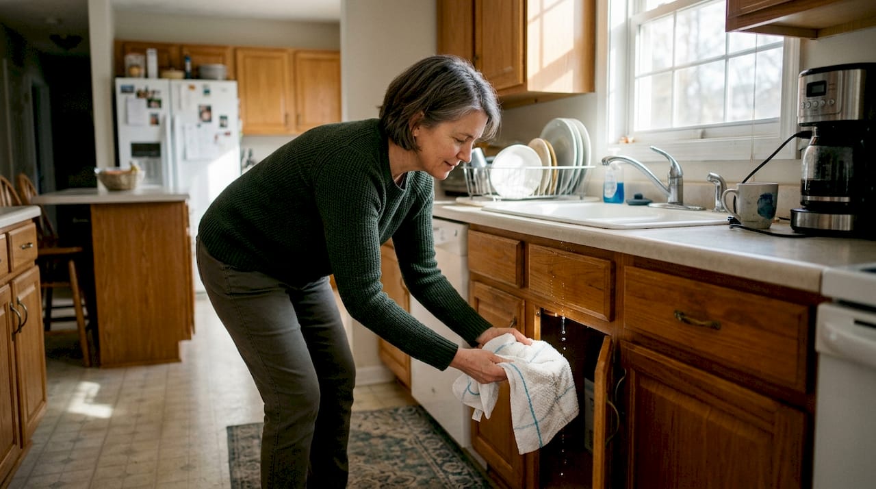 Homeowner tackling sudden kitchen pipe leak