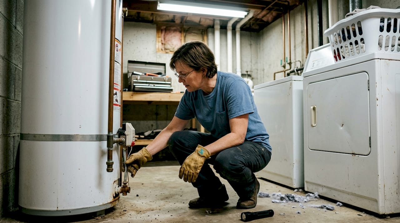 Homeowner performing water heater inspection in basement