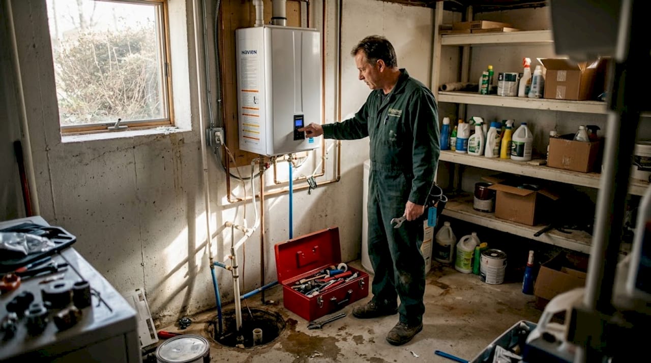 Plumber inspecting installed tankless water heater