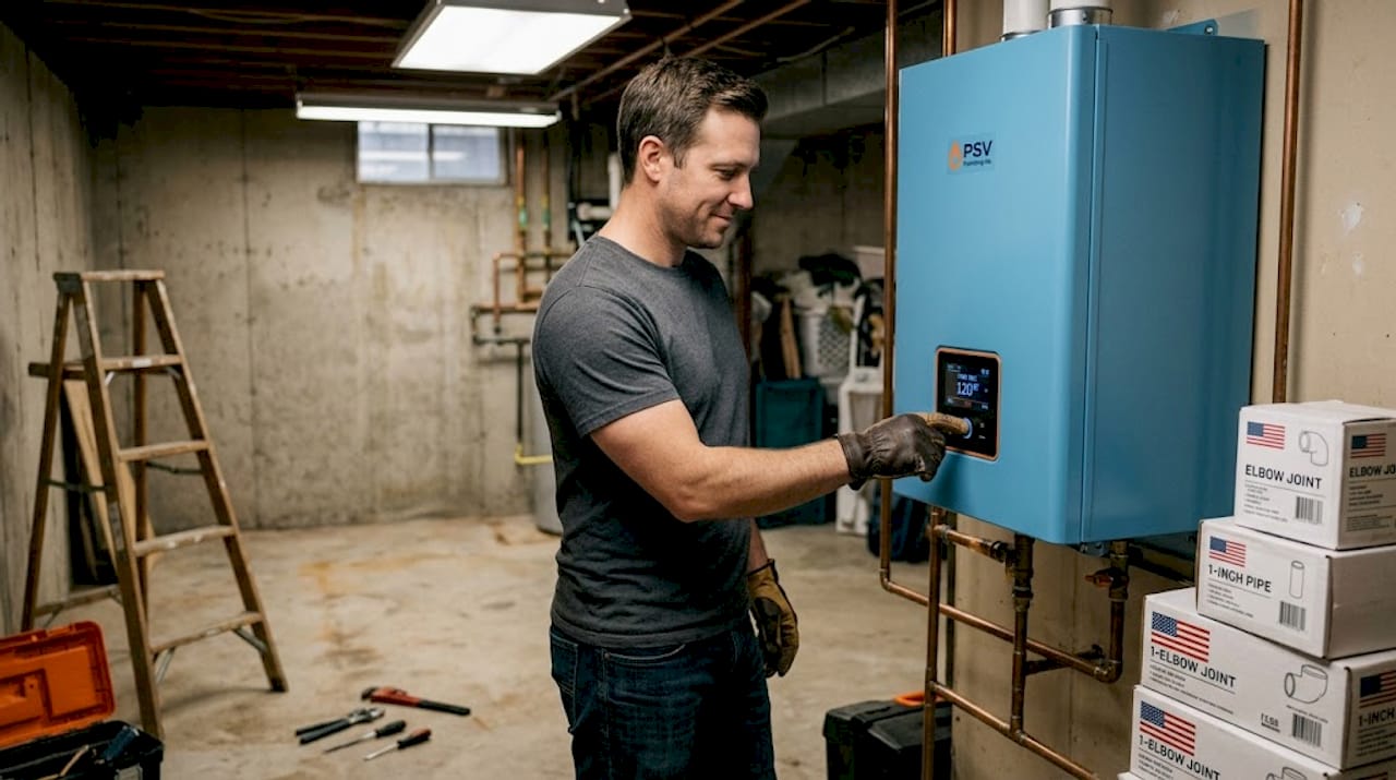 Homeowner adjusting digital water heater controls
