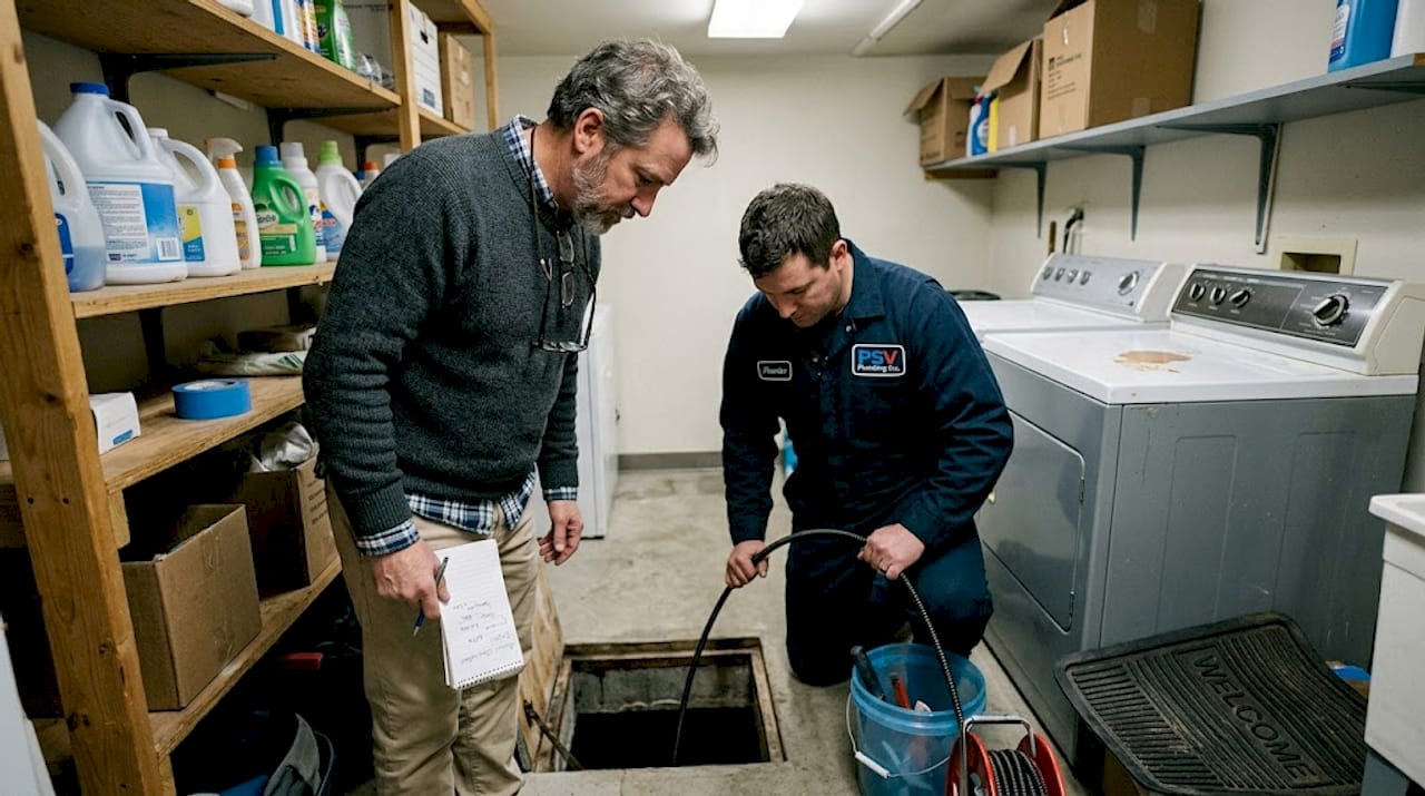 Homeowner and plumber preparing sewer inspection