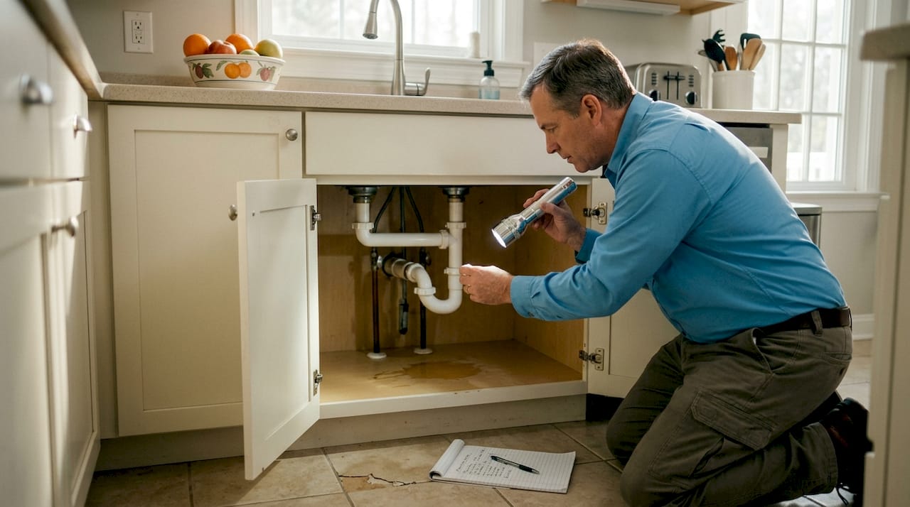 Homeowner inspecting pipes under kitchen sink