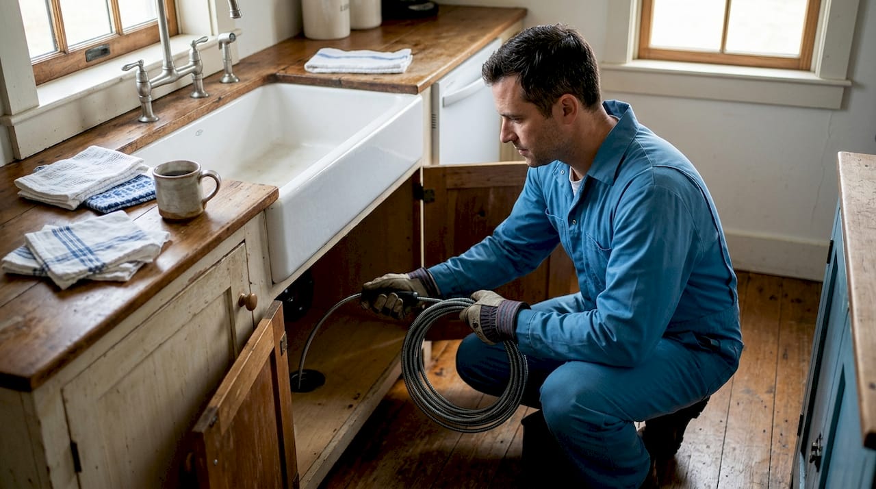 Plumber snaking kitchen drain in bright home
