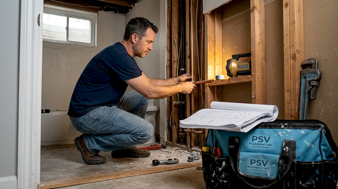 Plumber installing copper pipes in open wall