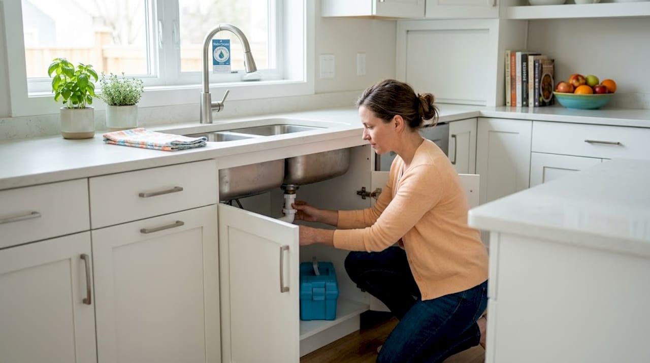 Homeowner checking under-sink plumbing for leaks