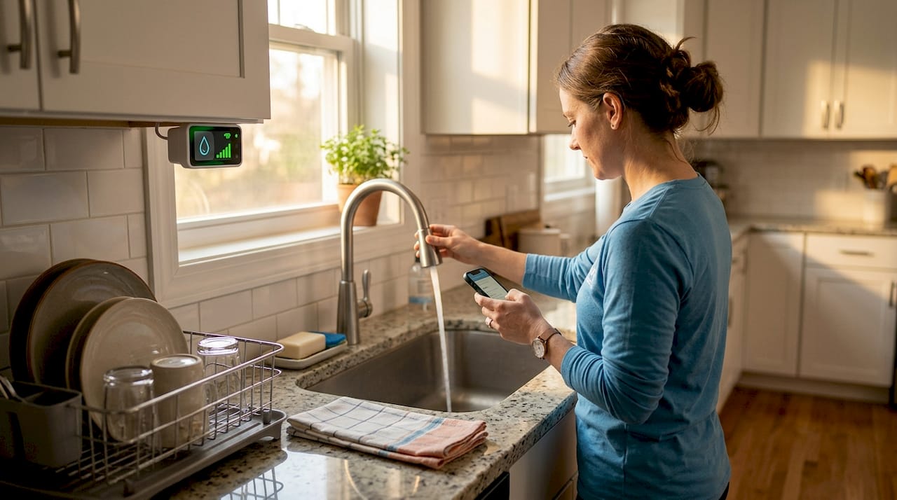 Homeowner checks smart plumbing app in kitchen
