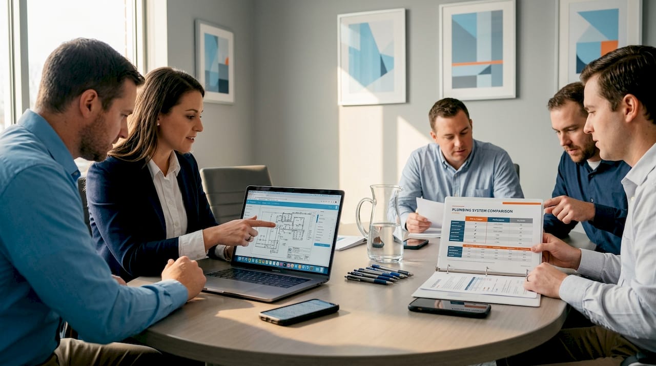Professionals discussing commercial plumbing system comparison