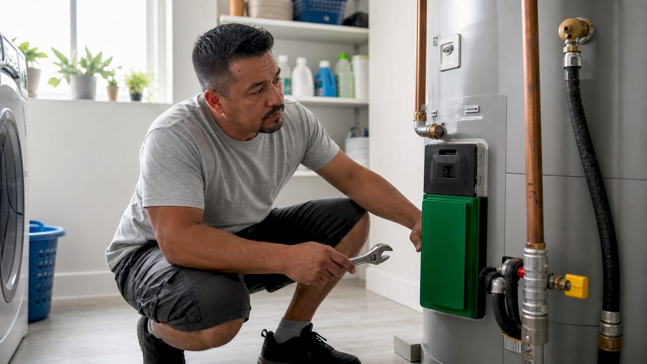Man inspecting energy-efficient water heater in basement