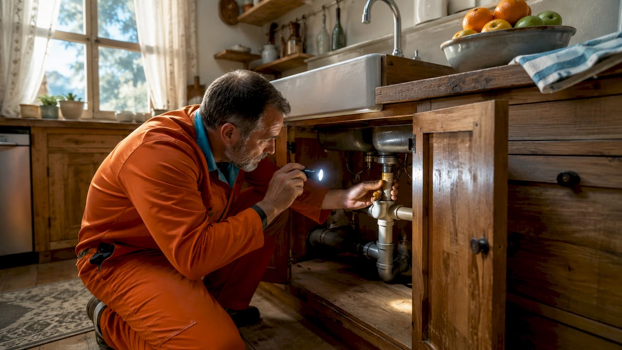 Plumber inspecting home plumbing ventilation pipes