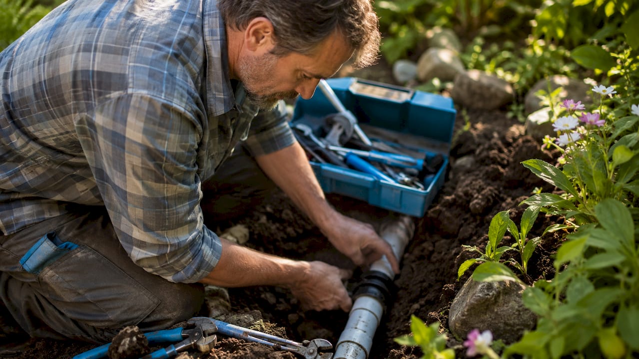 Homeowner inspecting exposed drainage pipe outdoors
