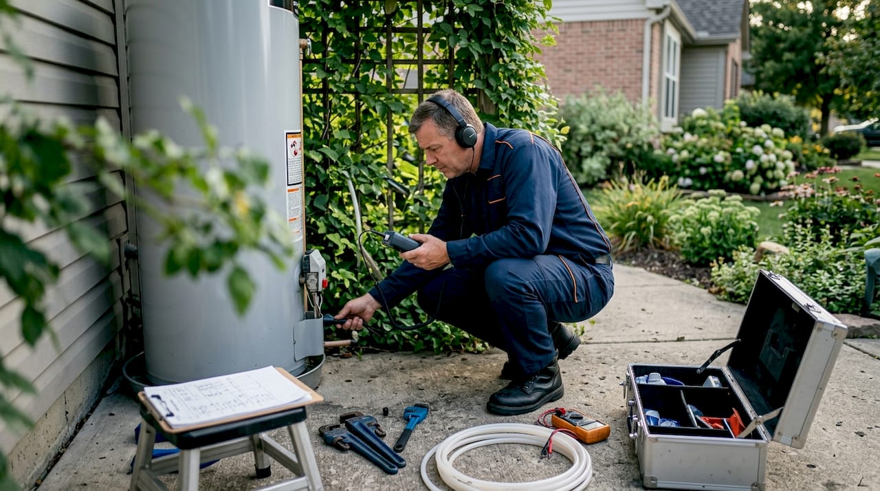 Plumber inspecting kitchen leak with device