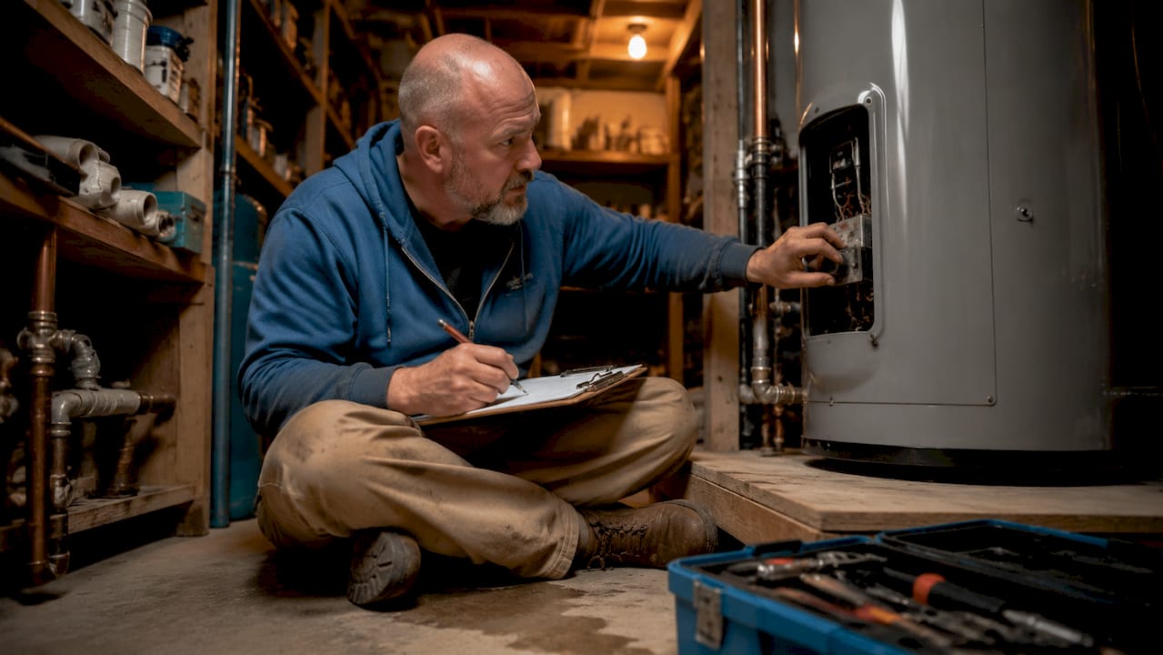 Technician installing residential water heater