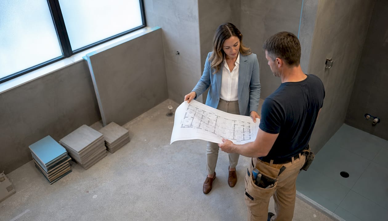 Project manager reviewing office bathroom renovation plans