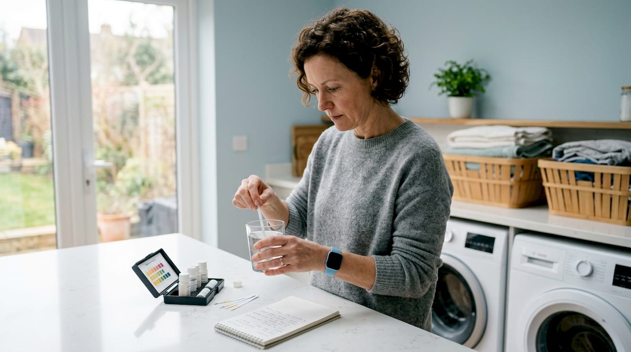 Homeowner testing water sample in kitchen