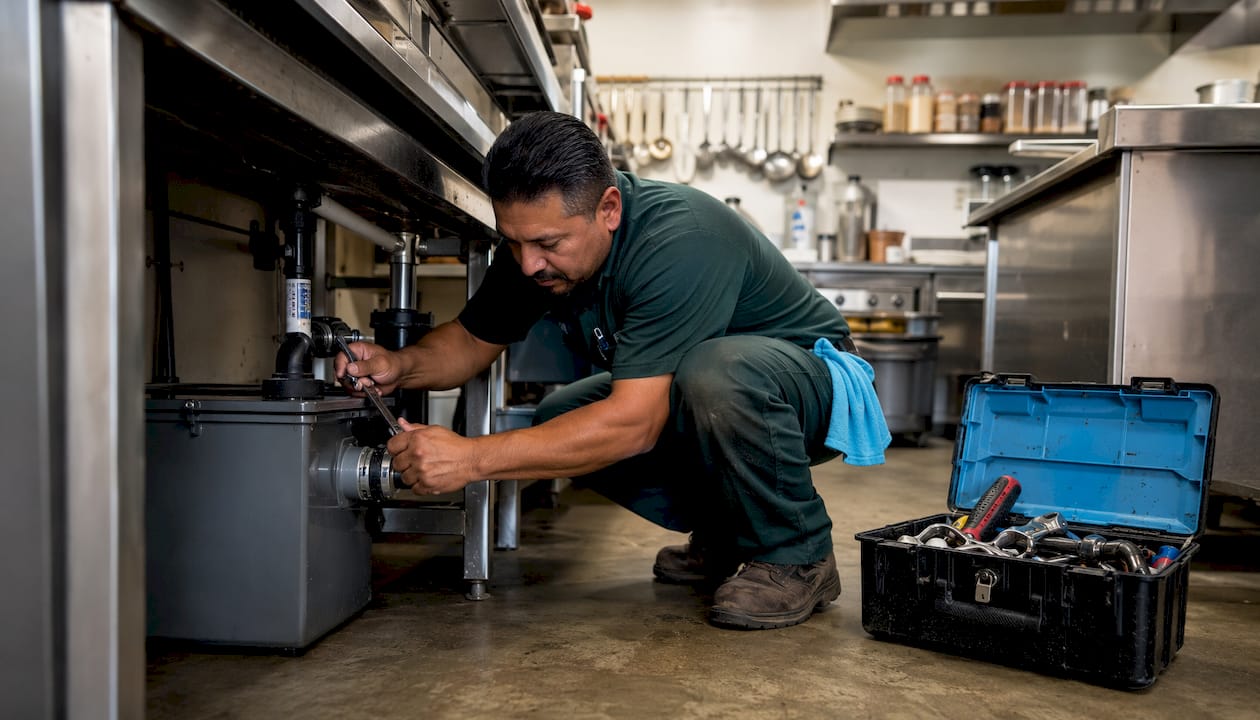 Plumber installing grease trap under kitchen sink