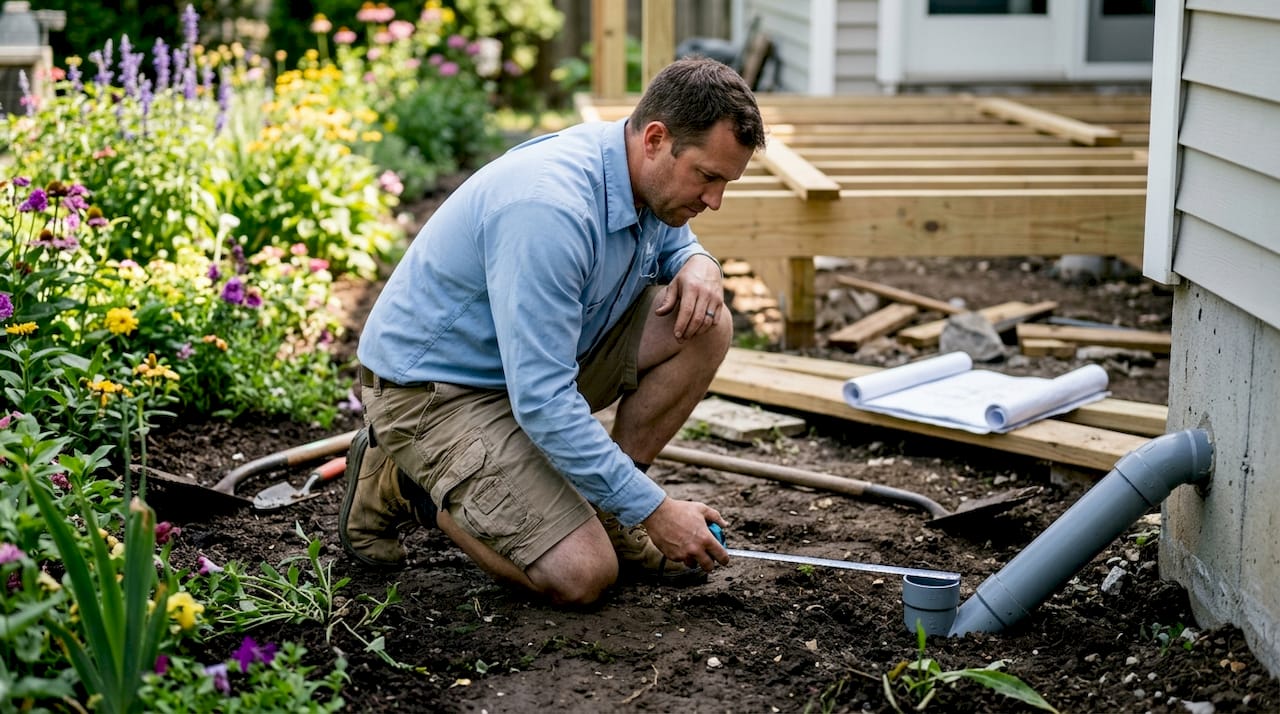 Plumber measuring underground drain pipe slope