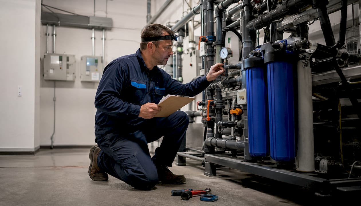 Commercial plumber inspecting filtration system
