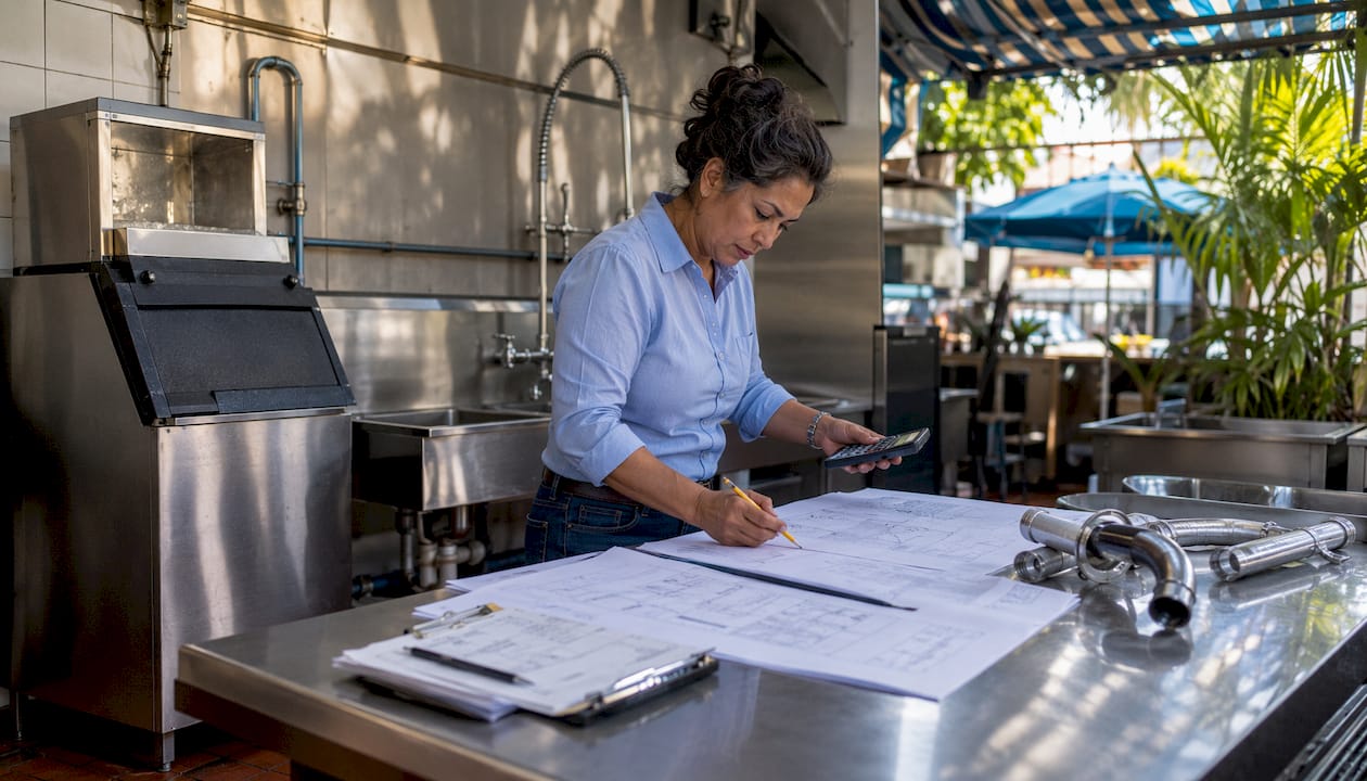 Engineer reviewing commercial kitchen plumbing codes