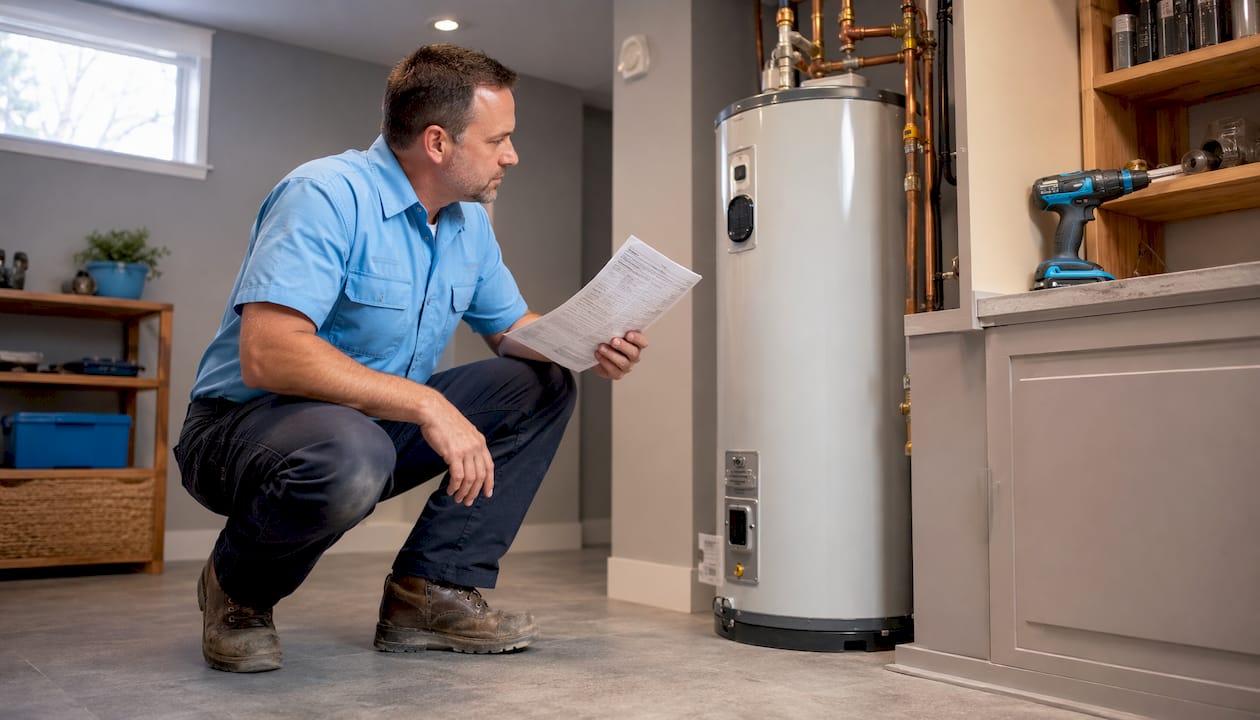 Plumber inspecting water heater installation