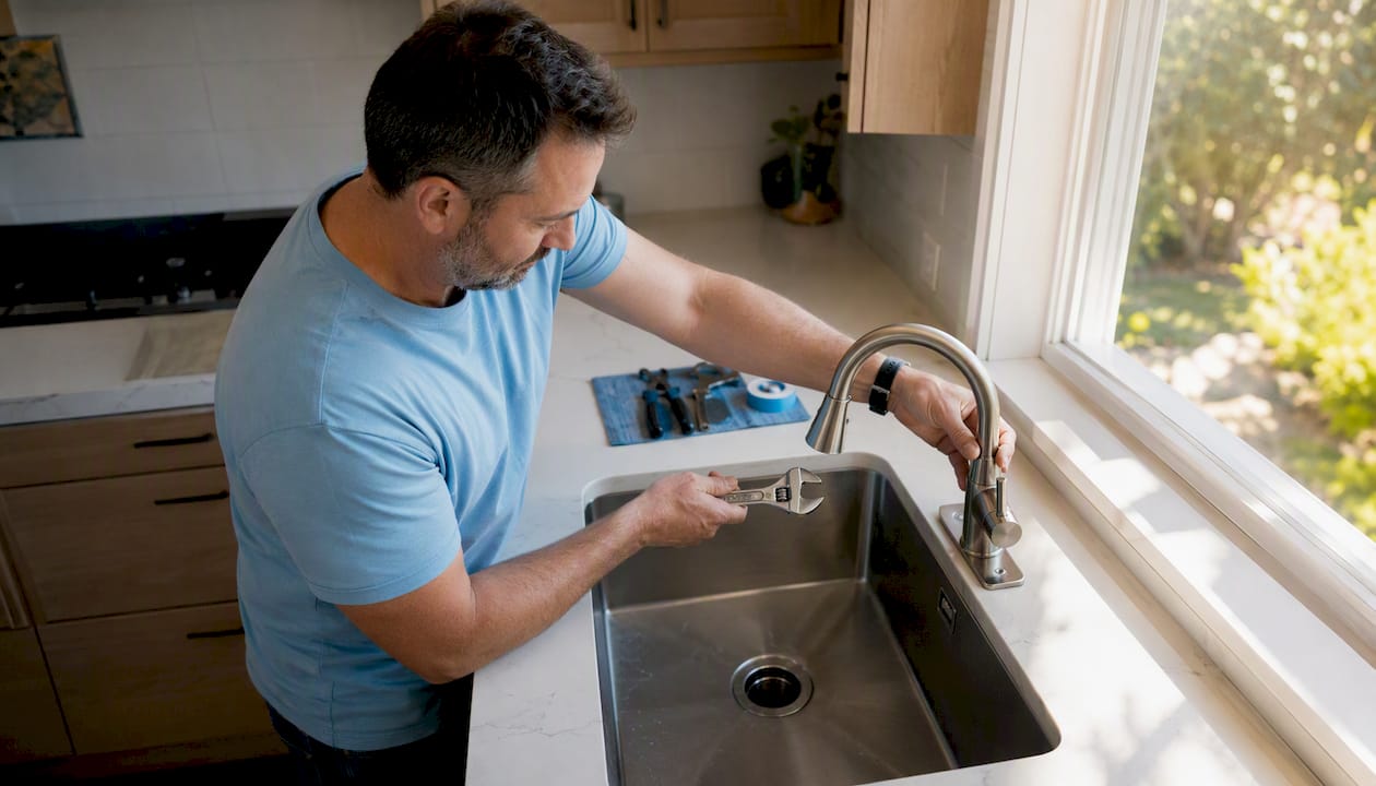 Homeowner repairing bathroom sink plumbing