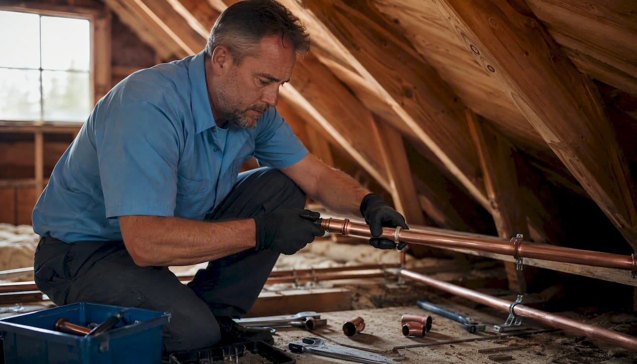 Plumber working on whole-house repipe plumbing