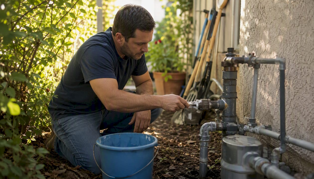 Homeowner testing gas pipe fittings for leaks