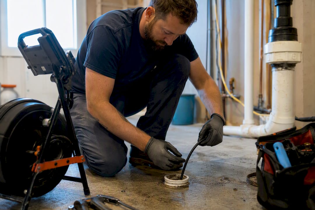 Plumber inserting sewer camera into pipe