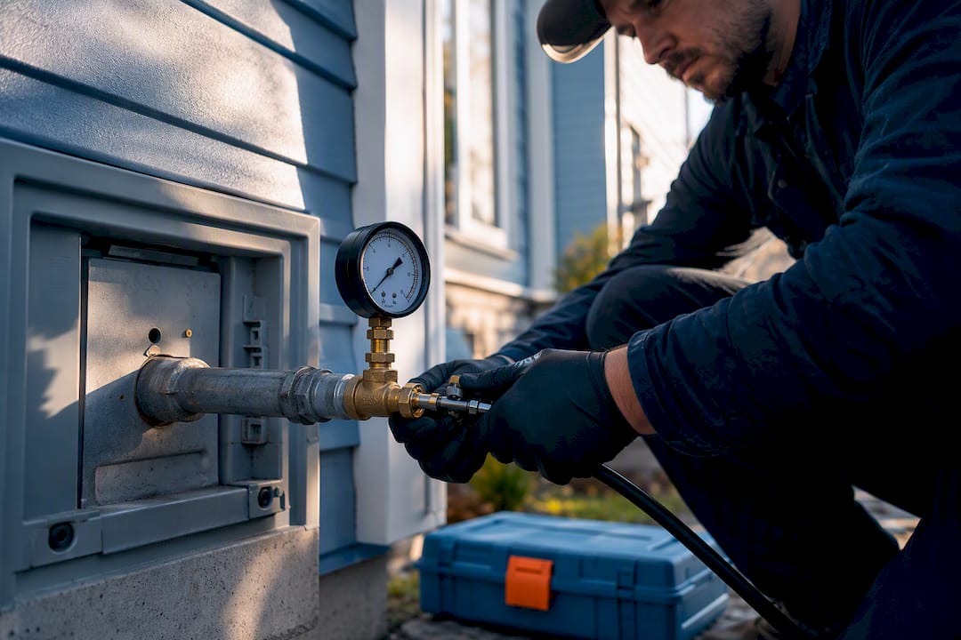 Plumber connecting gauge to gas line
