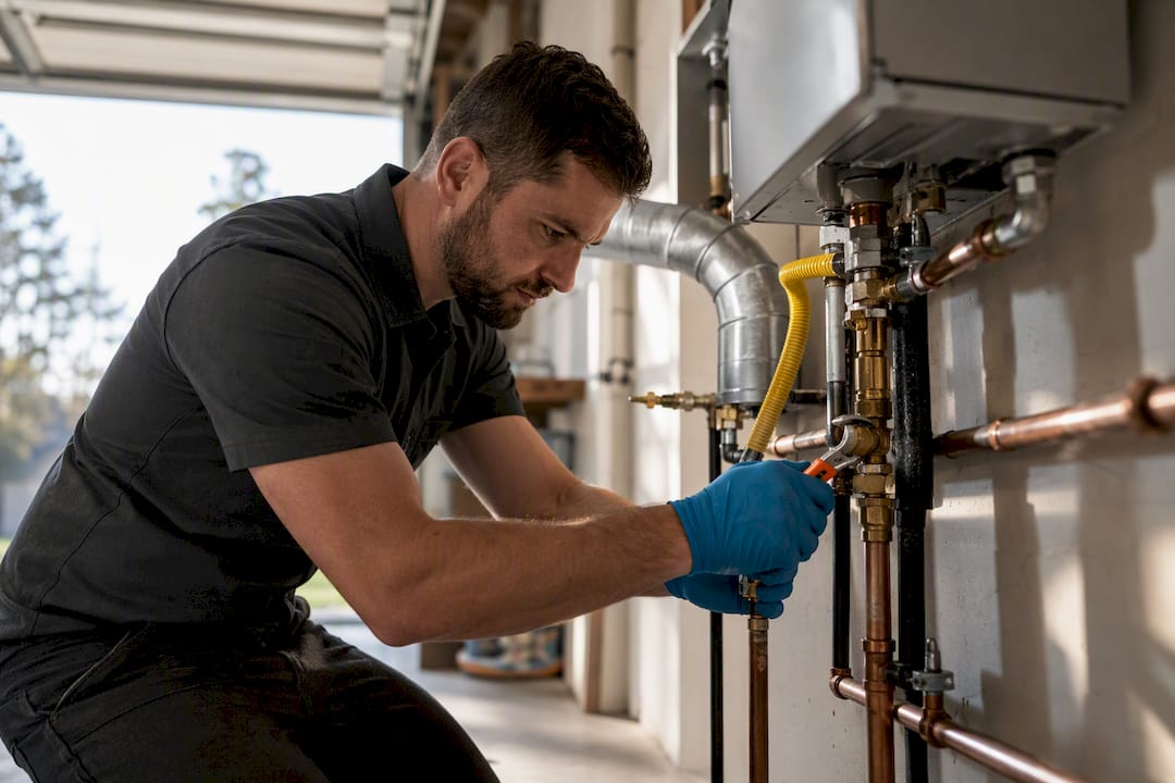 Plumber connecting tankless heater lines