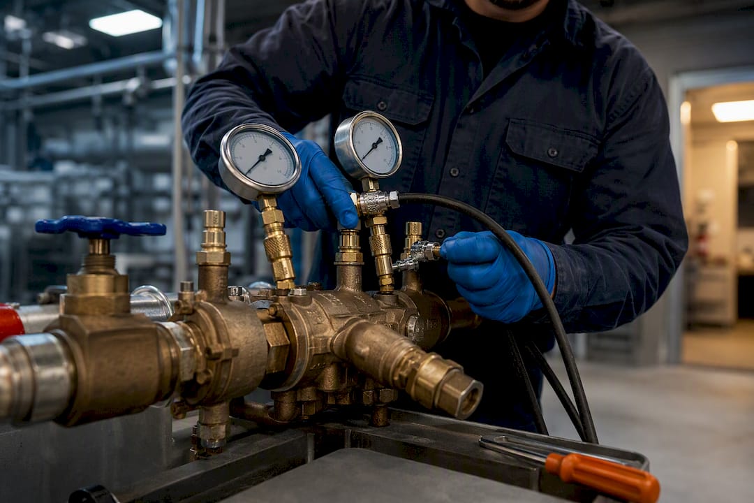 Technician testing commercial backflow preventer