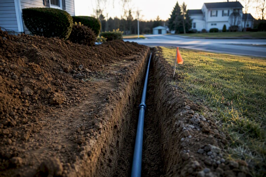 Residential water line trench from street to home
