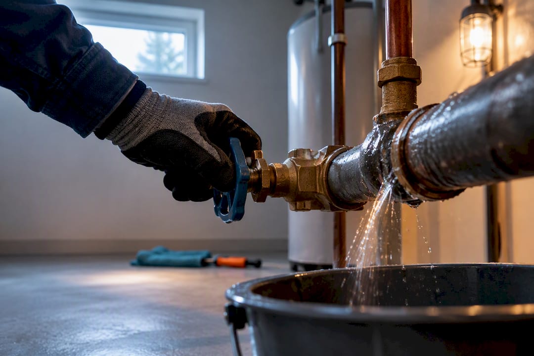 Hand shutting off water beside burst pipe