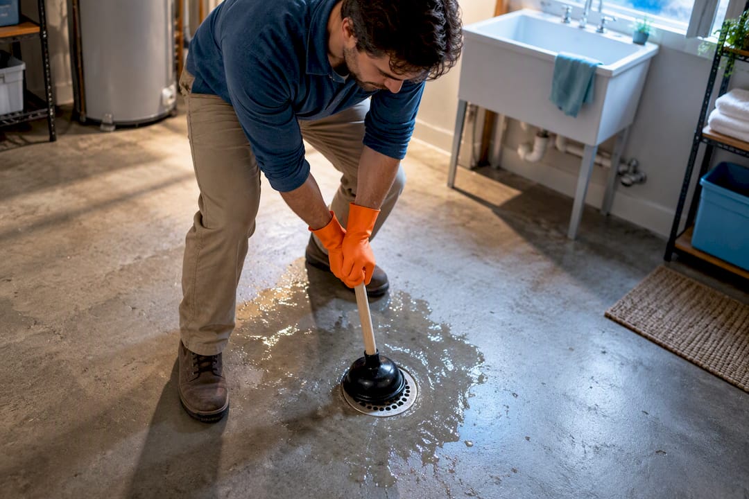 Homeowner plunging a clogged floor drain