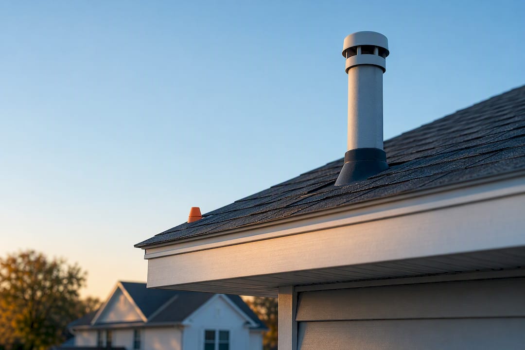 Clogged plumbing vent above residential roofline