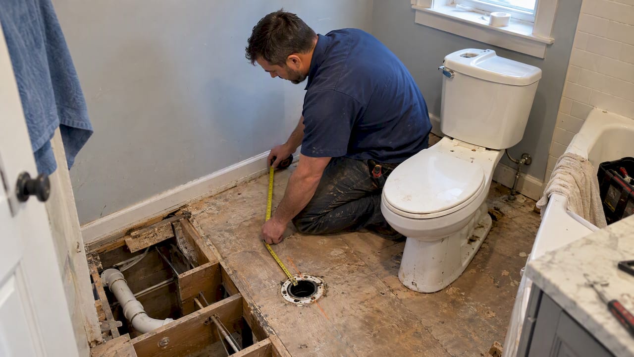 Plumber measuring toilet relocation rough-in